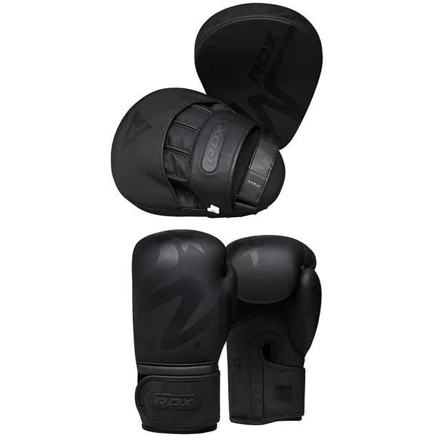 RDX F15 Noir Set Guanti Boxe + Pads Pelle Nero Coppia
