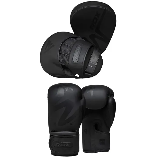 RDX F15 Noir Set Guanti Boxe + Pads Pelle Nero Coppia