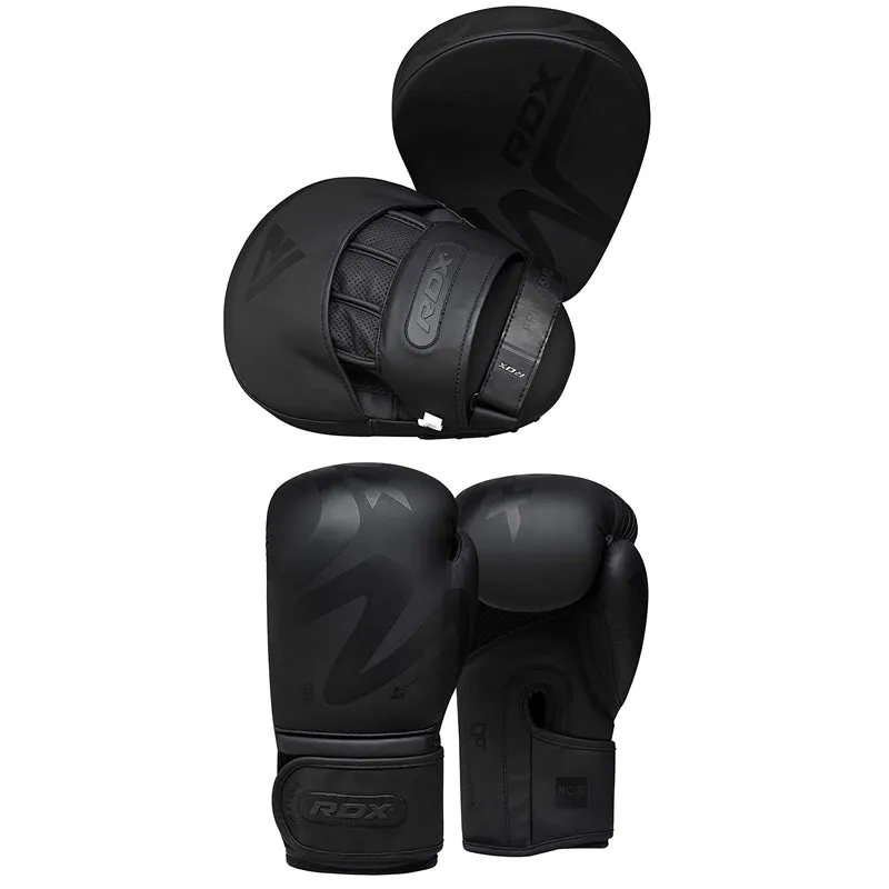 RDX F15 Noir Set Guanti Boxe + Pads Pelle Nero Coppia