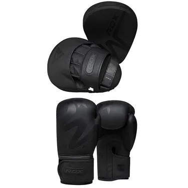 RDX F15 Noir Set Guanti Boxe + Pads Pelle Nero Coppia